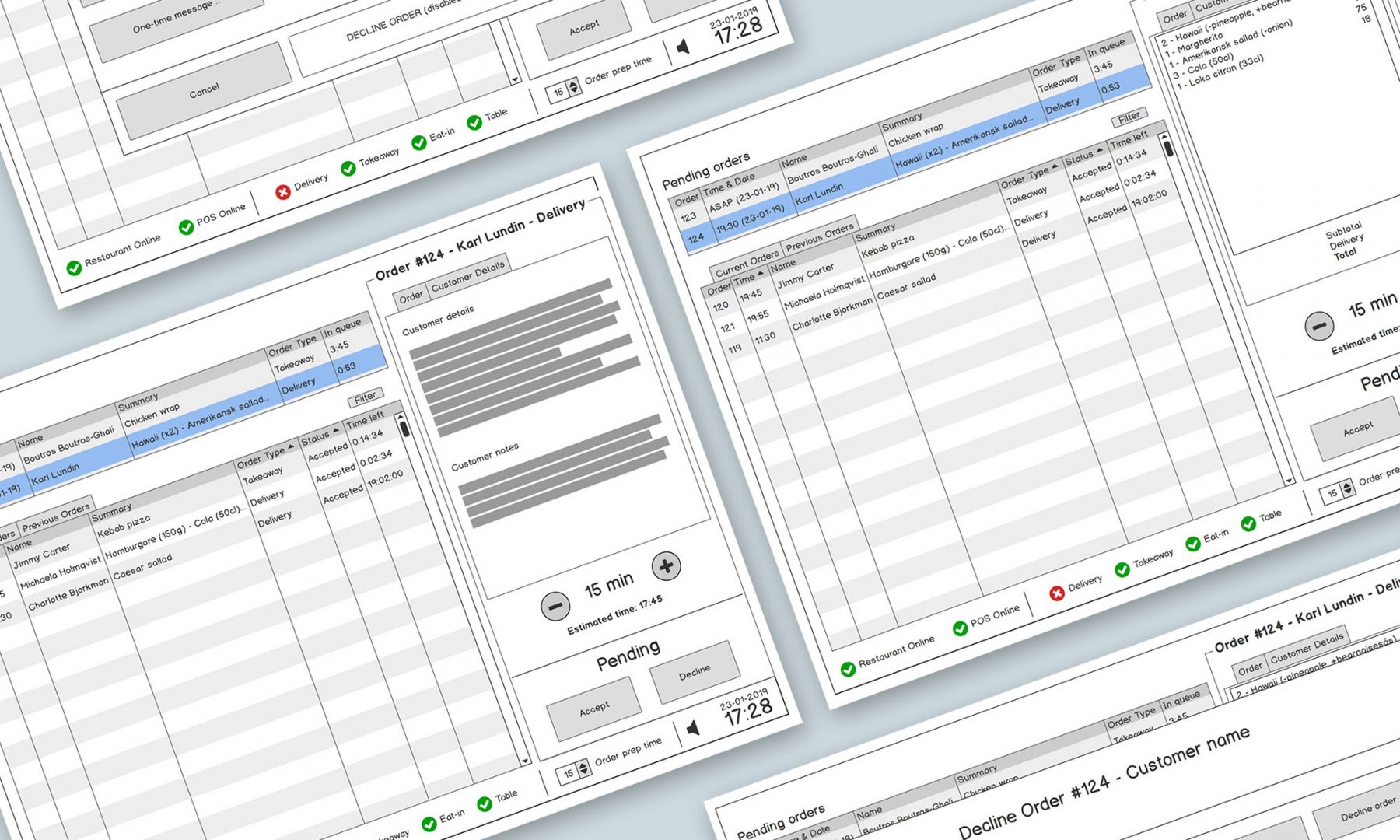 Wireframes for prototyping the Order Manager for the Ancon POS app.